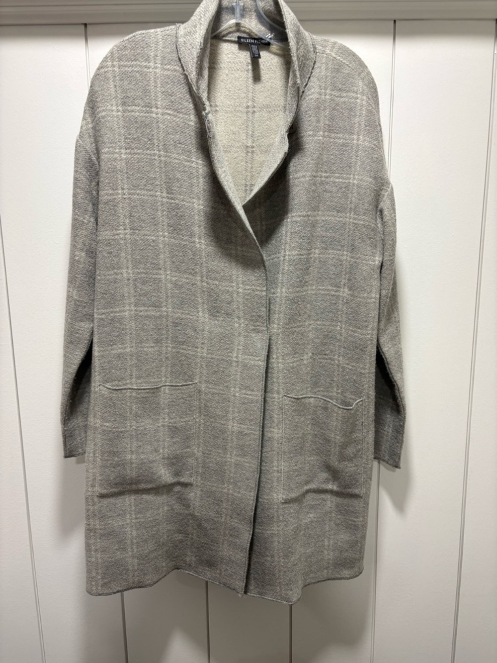 EILEEN FISHER Light Gray Windowpane Wool-Blend Pea Coat size small